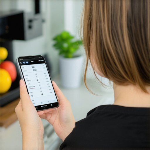 Person measuring food portions with a digital scale and logging data on a smartphone for weight management.