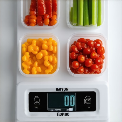 Accurate Portion Control with Digital Scale A digital kitchen scale displaying measurements next to meal prep containers in a modern kitchen