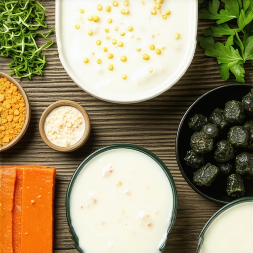A colorful display of fermented vegetables, dairy products, and soy-based probiotics