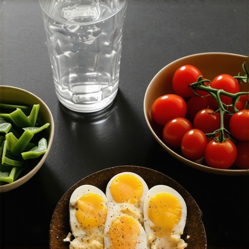 A plate of eggs, fresh vegetables, and a glass of water on a kitchen counter.