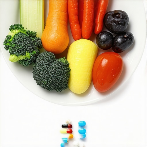 Healthy food plate with medication pills, illustrating diet and medication integration for weight loss.