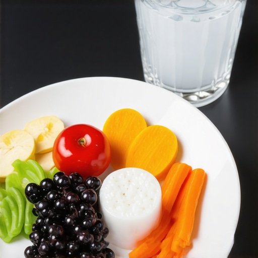 Plate containing fruits, vegetables, and electrolyte drink to support sodium and fluid balance.