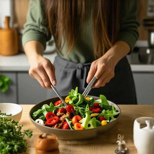 A person chopping vegetables and preparing a meal in a kitchen.