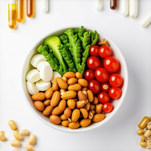 Balanced Meal Supporting Weight Loss Medications A nutritious meal with vegetables, nuts, and supplements for weight loss support