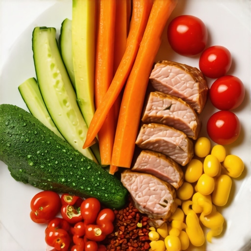 Plate with vegetables, lean chicken, and healthy fats for weight loss
