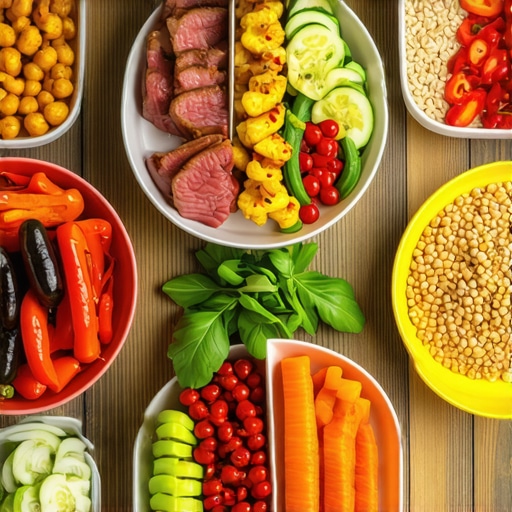 Colorful plates of healthy food for meal prepping