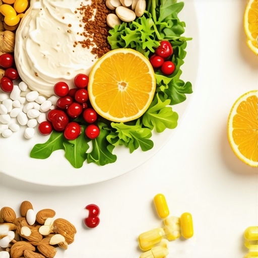 A colorful plate of calcium-rich foods such as yogurt, greens, nuts, and citrus fruits.