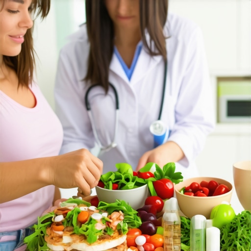 A healthcare professional and a patient discussing meal plans and medications at the kitchen table.