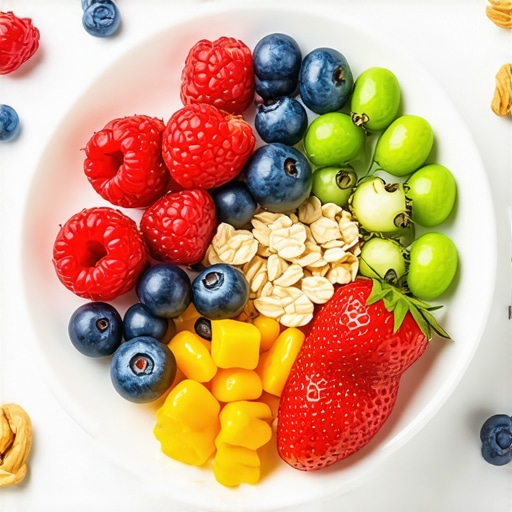 A vibrant plate of fiber-rich foods including berries, oats, nuts, and vegetables
