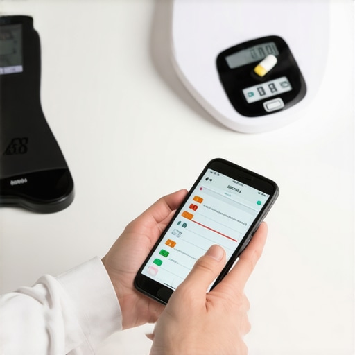 Person monitoring weight and medication schedule using a smartphone app and digital scale.