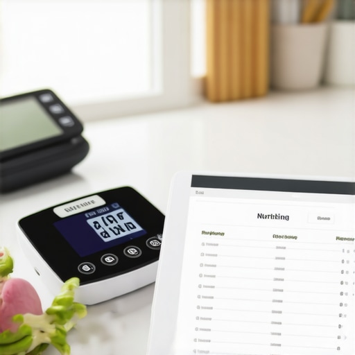 Tablet displaying a nutrition tracking app along with a digital kitchen scale and blood pressure monitor in a bright kitchen.