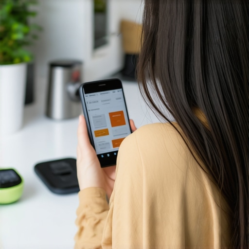 A person reviewing health data on a smartphone app in a kitchen setting