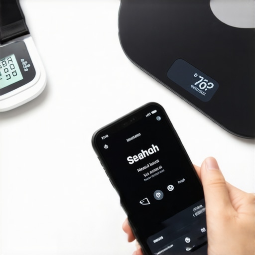 Person tracking nutrition and health data with smartphone, scale, and blood pressure monitor.