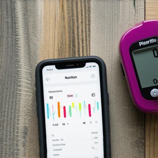 Digital Tools for Weight Loss Maintenance Smartphone with diet app and blood glucose monitor on kitchen counter.