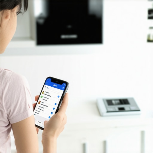 Person recording diet and medication data on their smartphone with a smart scale in the background.