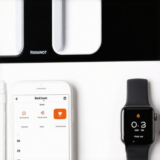 Smartphone, scale, and smartwatch showing health metrics and diet tracking