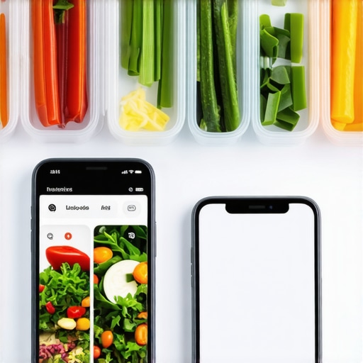 Kitchen scale, smartphone with meal tracking app, and organized meal containers for weight management.
