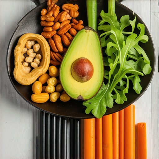 A colorful plate with nuts, leafy greens, and avocados promoting electrolyte balance for weight loss