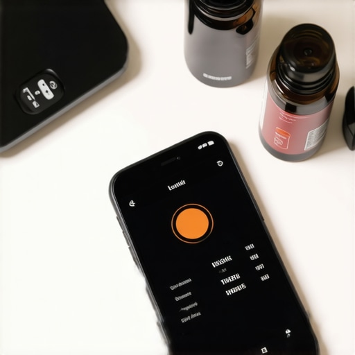 Smartphone displaying diet app, food scale, and supplements on kitchen counter