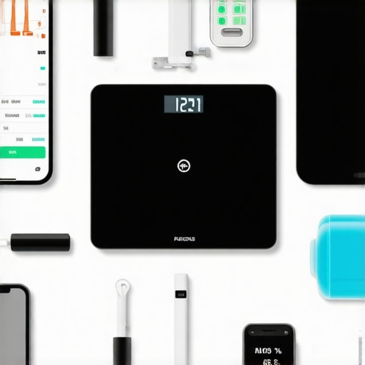 Essential Tools for Weight Loss Maintenance A person using a smartphone with a food tracking app, a kitchen scale, and a smart body composition scale on a clean countertop.