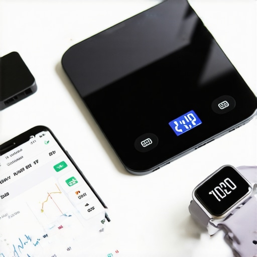 An image showing a kitchen scale, a smartphone app for diet tracking, and a fitness wearable to demonstrate practical tools for maintaining weight loss progress.