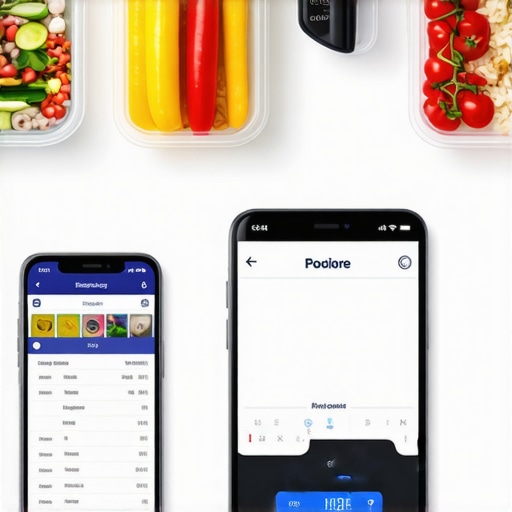 A digital kitchen scale and a smartphone showing a diet tracking app alongside meal prep containers.