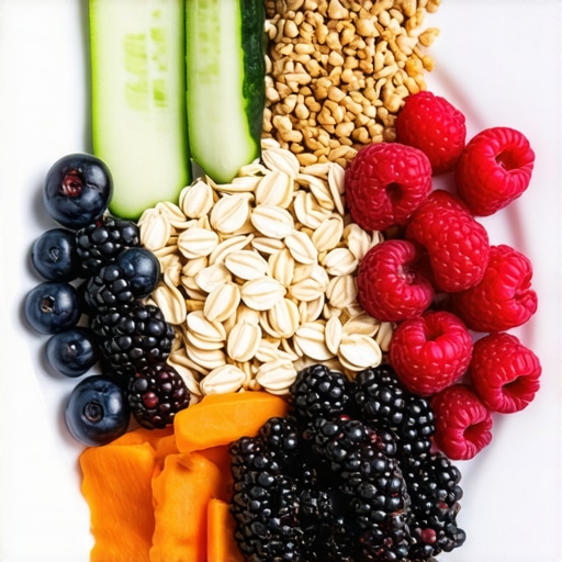 A vibrant plate featuring oats, berries, vegetables, and whole grains promoting gut health.