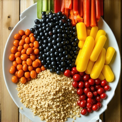 Assorted high-fiber foods like beans, vegetables, and fruits on a wooden table.