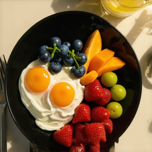 A nutritious breakfast plate with eggs, yogurt, and fresh fruits