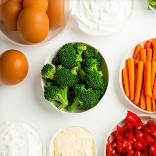Breakfast with high-protein foods and fresh vegetables in a bright kitchen