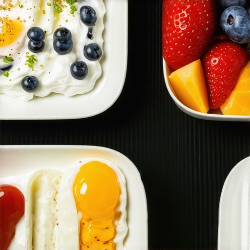 A nutritious breakfast plate with eggs, yogurt, and fruits, illustrating the importance of starting the day with protein for effective weight management.