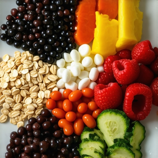 Assorted high-fiber foods like beans, oats, fruits, and vegetables prepared for meals.