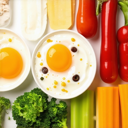 A well-portioned breakfast plate with eggs, Greek yogurt, and fresh vegetables