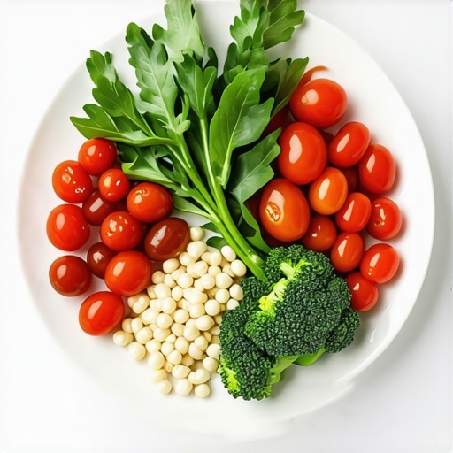 Plate with vegetables, herbs, and lean proteins showing a low-sodium diet