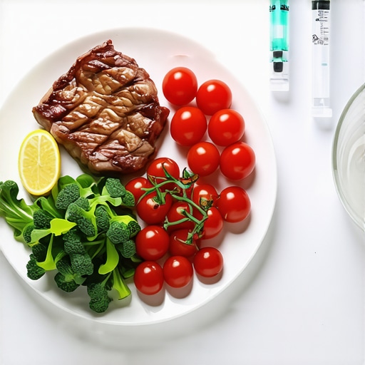 Plate with lean chicken, greens, vegetables, and a glass of electrolyte water.