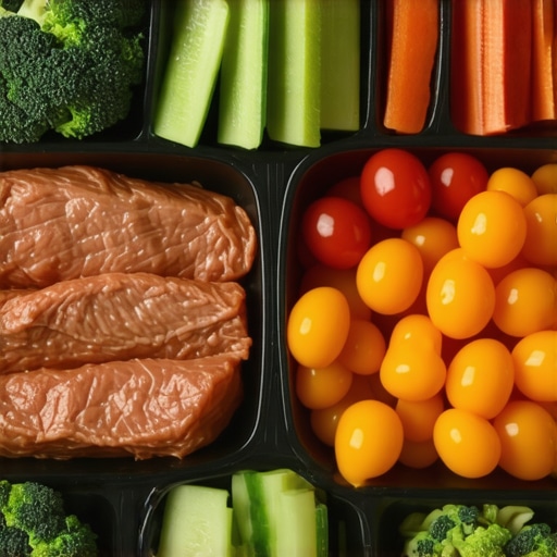 Healthy Meal Plate for Weight Loss A colorful plate of healthy protein, vegetables, and fats suitable for weight management