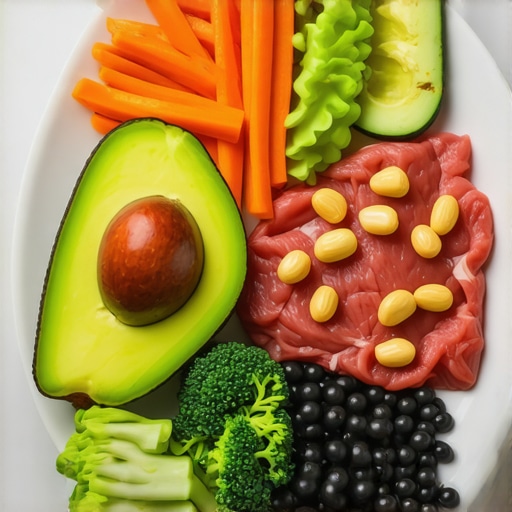 Healthy Meal Plate A plate filled with vegetables, fish, nuts, and olive oil, representing a balanced, fat-included diet.