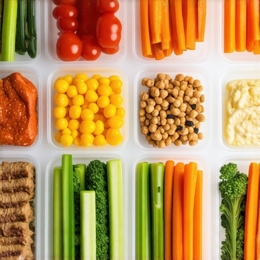 An organized meal prep featuring high-protein dishes and fresh vegetables