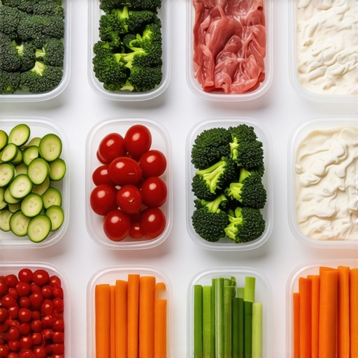 An organized kitchen counter displaying meal prep containers filled with vegetables, lean meats, and bananas.