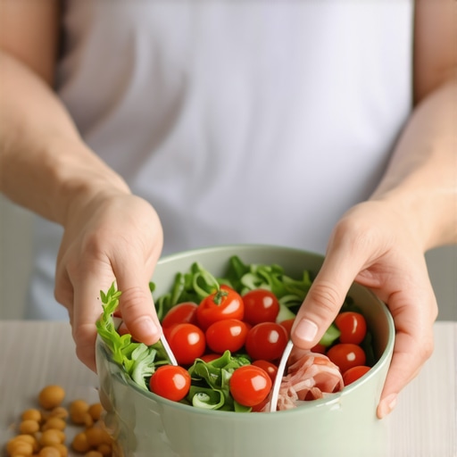 Person chopping vegetables and preparing a balanced plate for weight management.