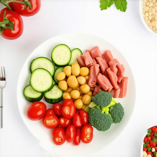 Healthy Meal for Weight Loss Medication Support A colorful plate of vegetables, lean chicken, and nuts for balanced nutrition during weight loss