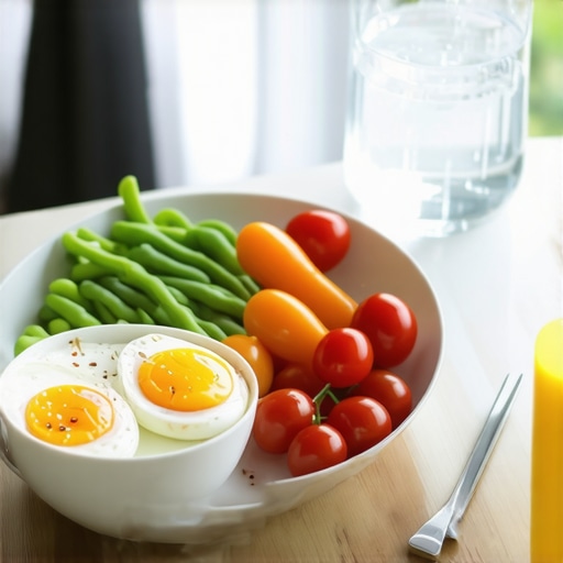 A nutritious breakfast featuring eggs and vegetables alongside a glass of water, perfect for weight loss support