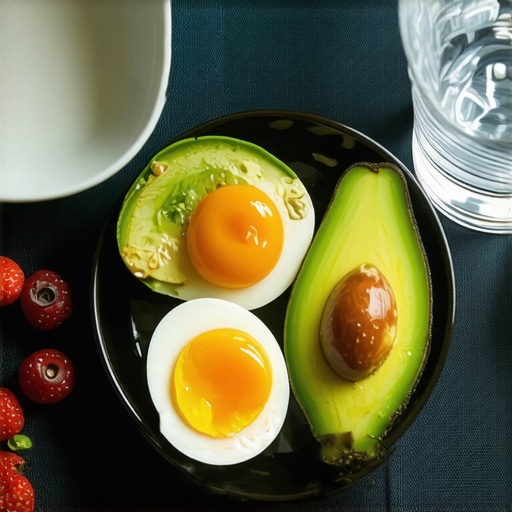 Healthy Morning Meal to Boost Weight Loss Progress A wholesome breakfast featuring eggs, avocado, berries, and a glass of water, illustrating ideal morning nutrition for weight management.
