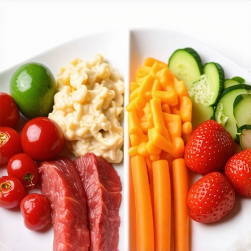 A plate with balanced portions of proteins, vegetables, and healthy carbs