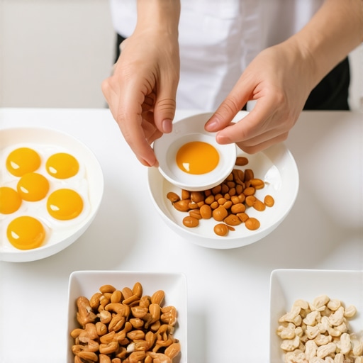 Person arranging a bowl of eggs and yogurt for a protein-rich breakfast.