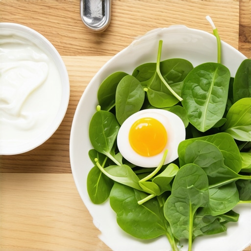 Plate of eggs, spinach, and Greek yogurt for a nourishing morning meal.