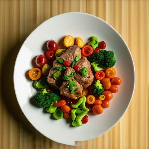 A colorful plate of grilled chicken, vegetables, and grains, emphasizing nutritious eating