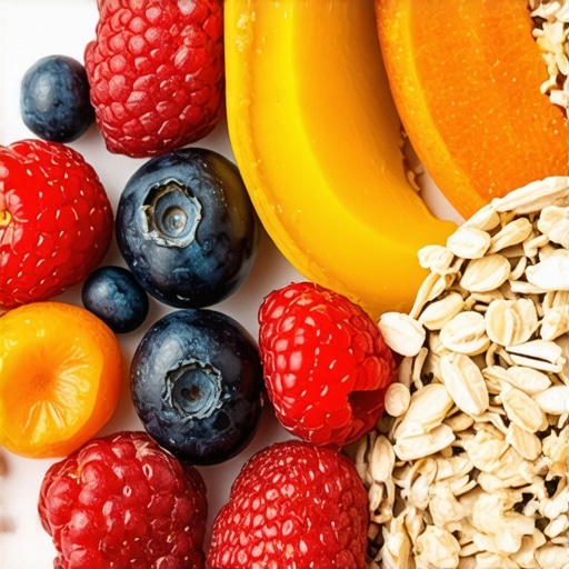 A bowl filled with oats, fresh berries, and nuts showing a variety of fiber-rich foods