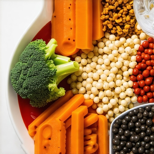 Plate with vegetables, oats, beans, and a glass of water signifying fiber-rich diet support