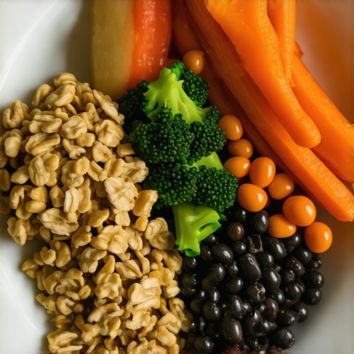 A vibrant plate of oats, beans, vegetables, and nuts showcasing fiber-rich foods.